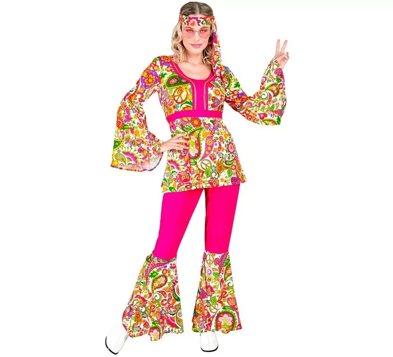 Disfraz de Hippie años 60 Flores fucsia para mujer XXL