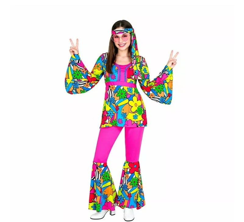 Disfraz de Hippie años 60 Flores de caricatura para mujer XS