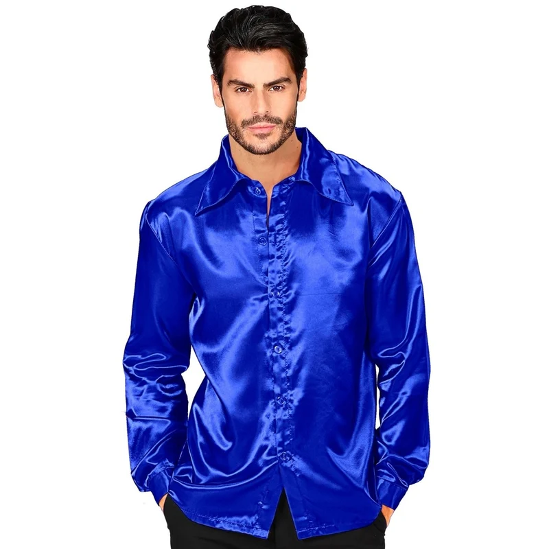 Disco 70S Bluse Blau Herren Satin XL