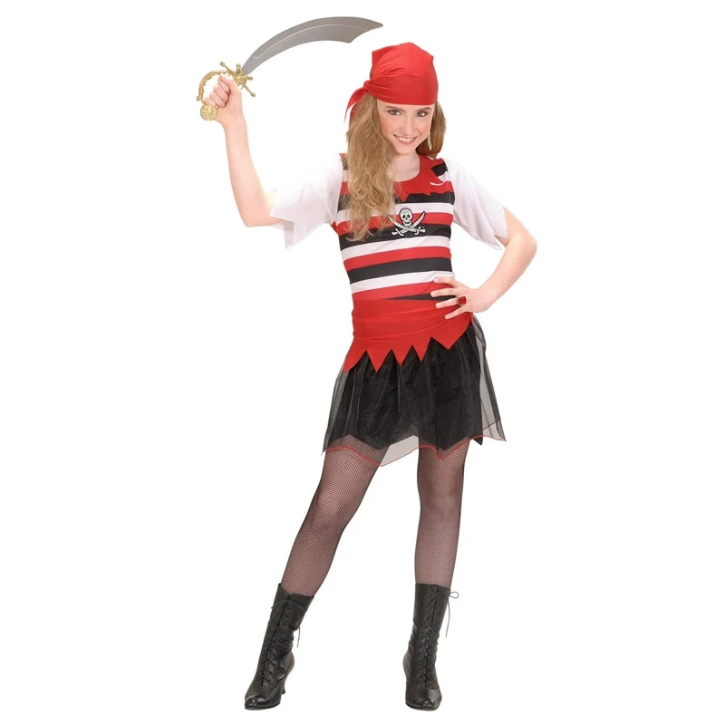 Piratenkleid Schwarz Rot Mädchen Gestreift 128 - 5/7 Jahre