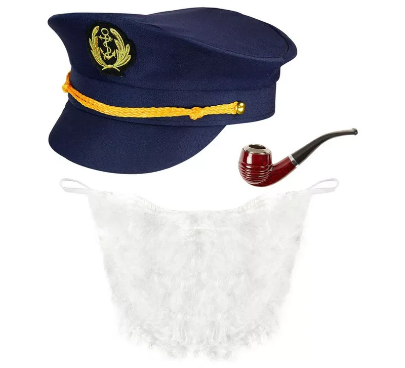 Kit de Capitán Lobo de Mar: Gorra, Barba y Pipa Universal Adulto