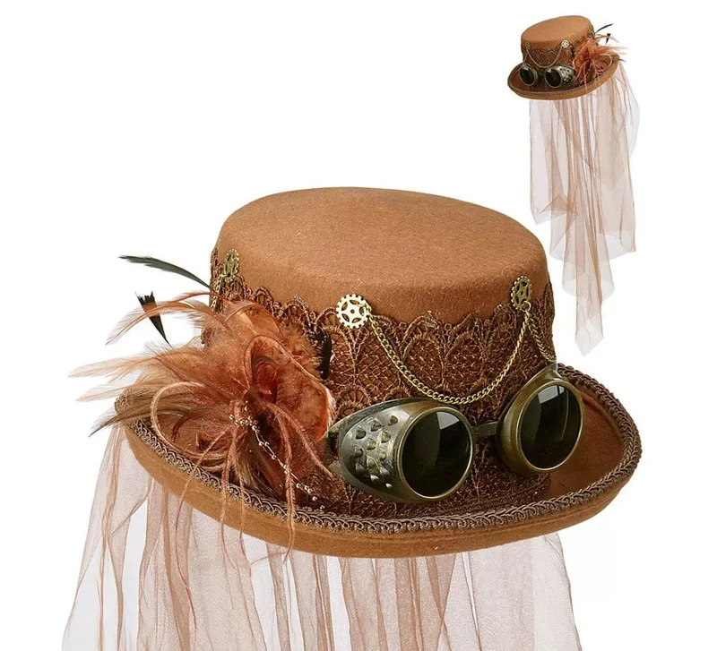 Sombrero Steampunk Top de Fieltro con Velo Universal Adulto