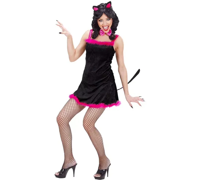 Disfraz de Gata en vestido negro de terciopelo para mujer S