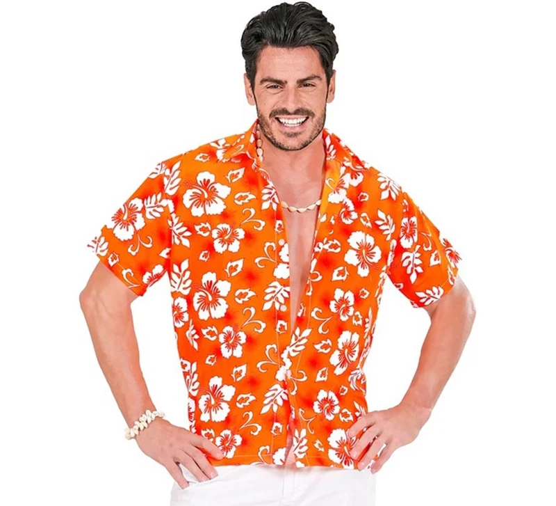 Camisa manga corta Hawaiana con Flores naranja para hombre XL