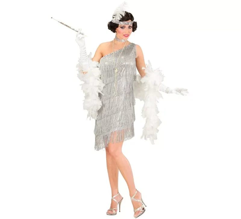 Disfraz de Charleston plateado con flecos para mujer XL