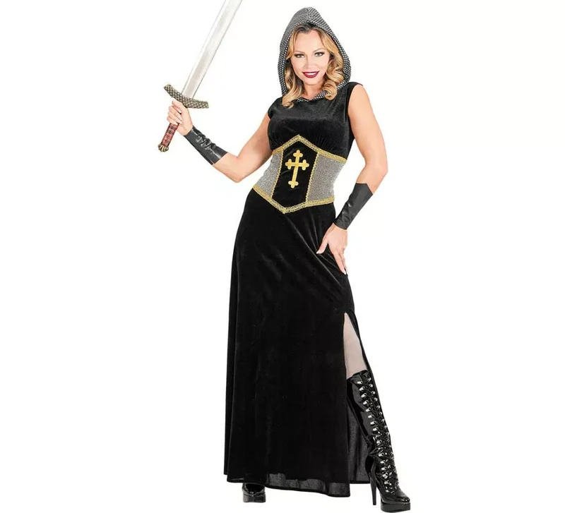 Disfraz de Guerrera Medieval negro con capucha para mujer XL