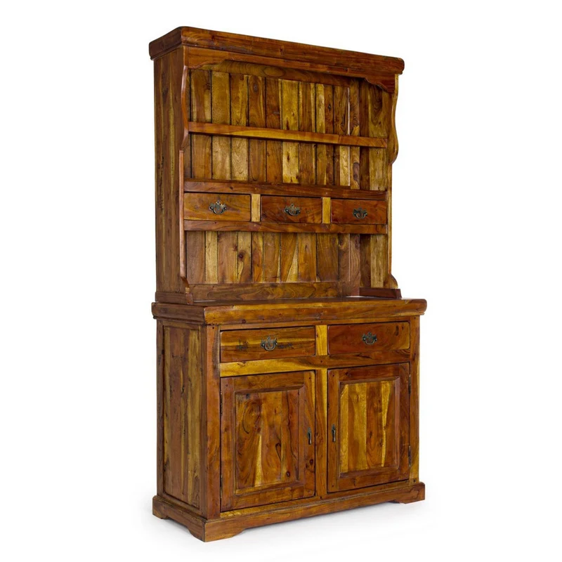 Credenza "Chateaux" in legno di acacia indiano massiccio, con finitura rustica, stile rustico Buffet con base alzata