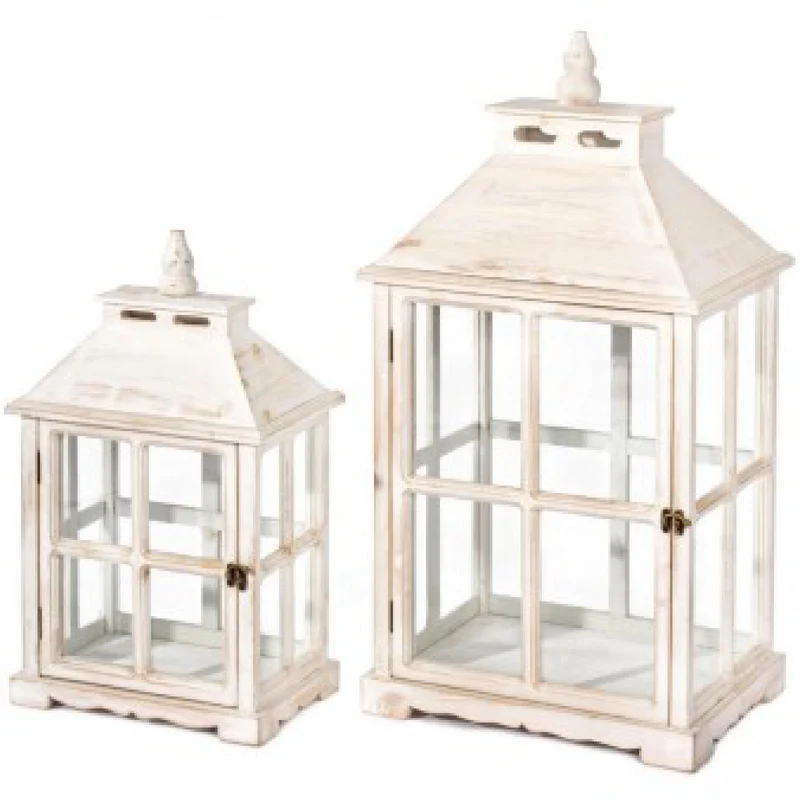 Set 2 Lanterna bianco in legno e vetro da esterno