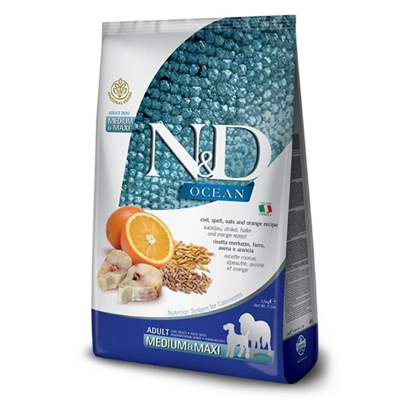 Farmina n&d ocean low grain adult medium maxi merluzzo farro avena e arancia 12 kg