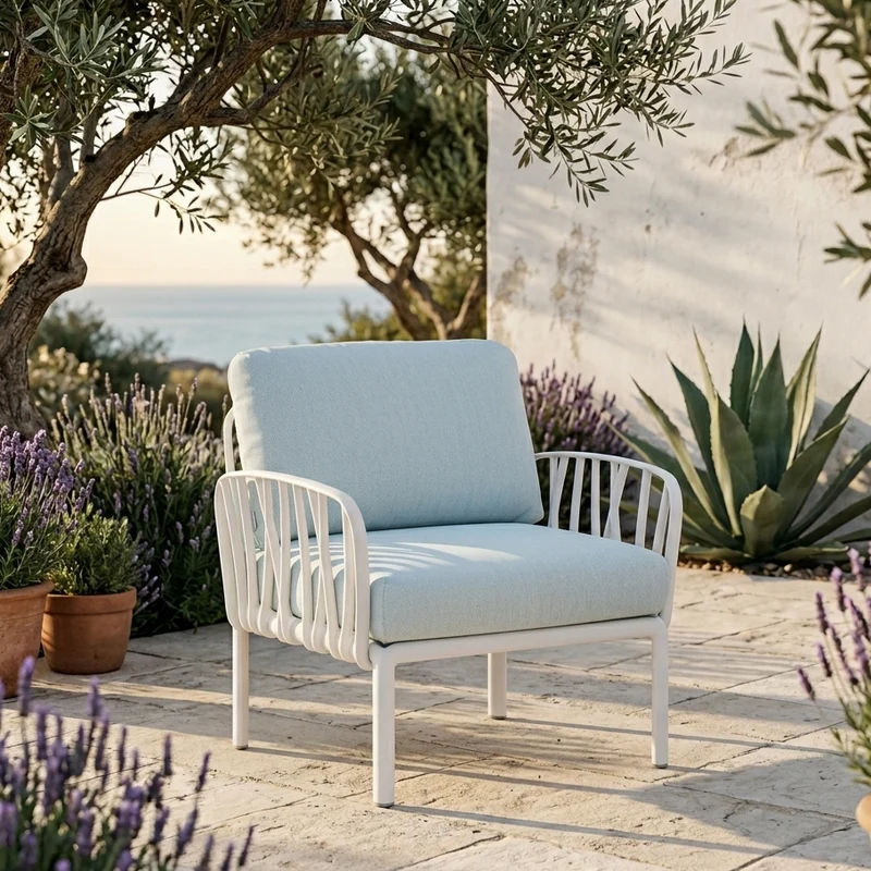 Poltrona "Komodo" salottino da esterno e giardino in polipropilene fiberglass Bianco / Ghiaccio Sunbrella