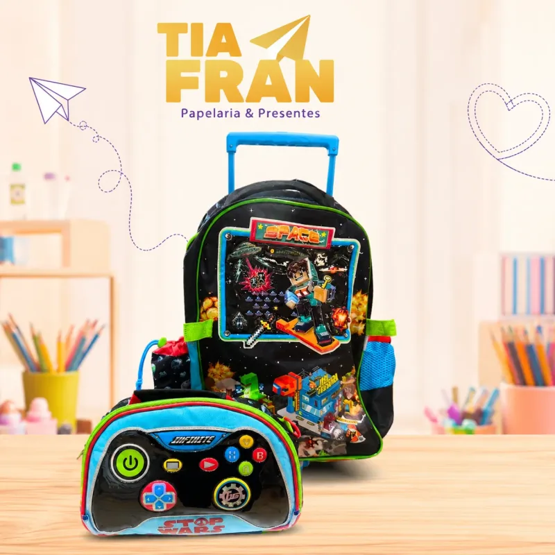 Mochila com carrinho e lancheira