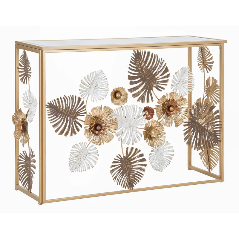 Console struttura in metallo con fiori decorativi ripiano in vetro per interni