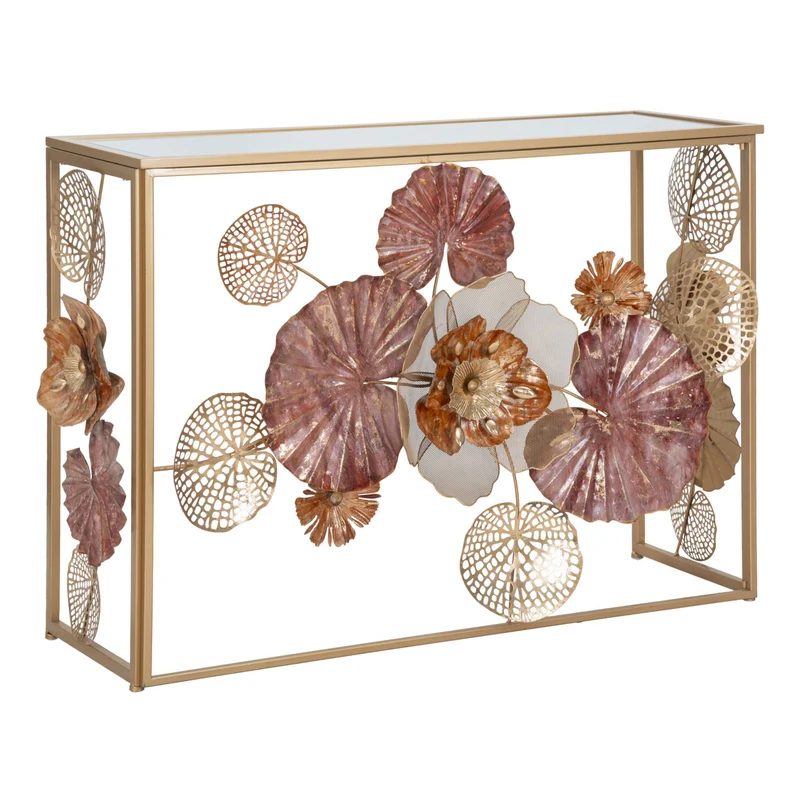 Console struttura in metallo con fiori decorativi ripiano in vetro per interni