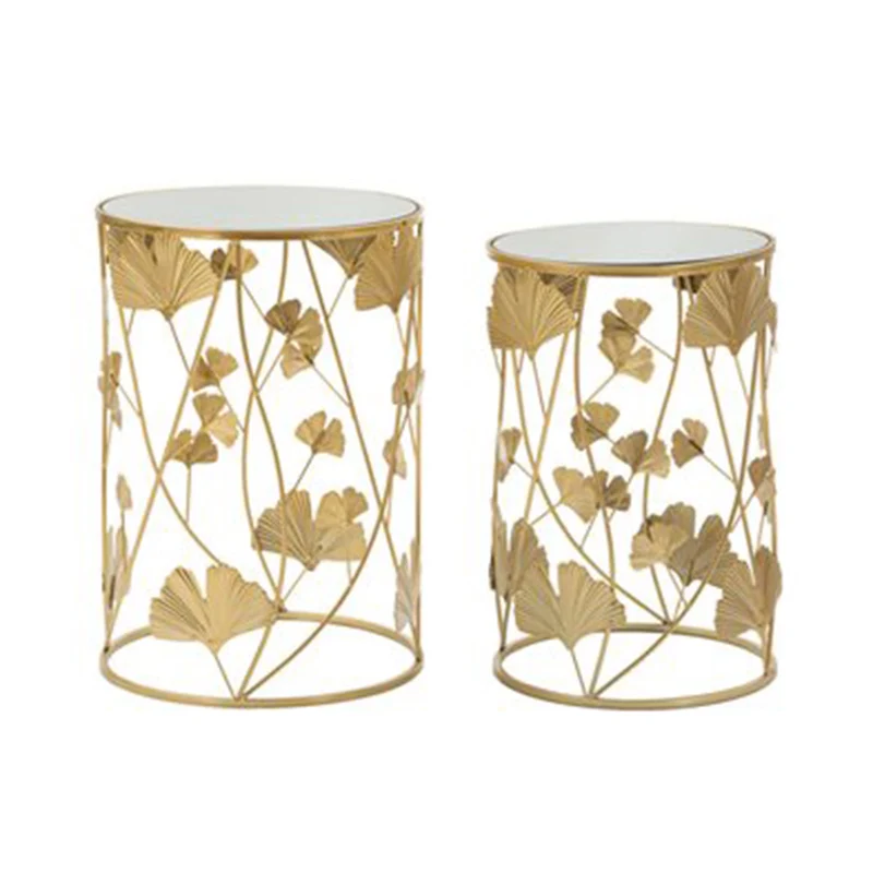Tavolinetti coppia struttura in ferro color oro ripiano in vetro per interni set da 2 Foglie