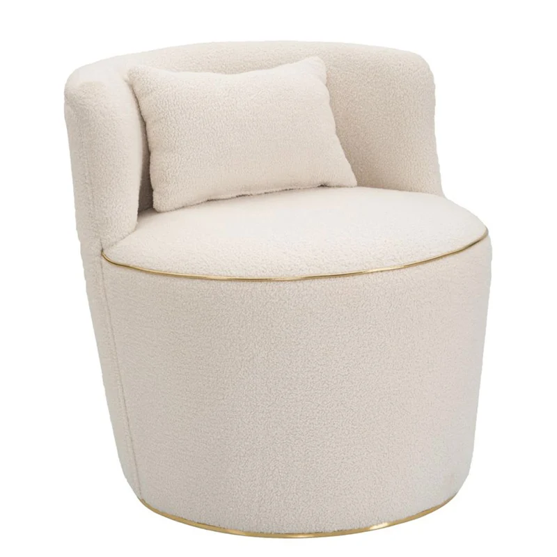 Poltroncina "Iceland" in tessuto colore crema con decorazioni dorate per interni