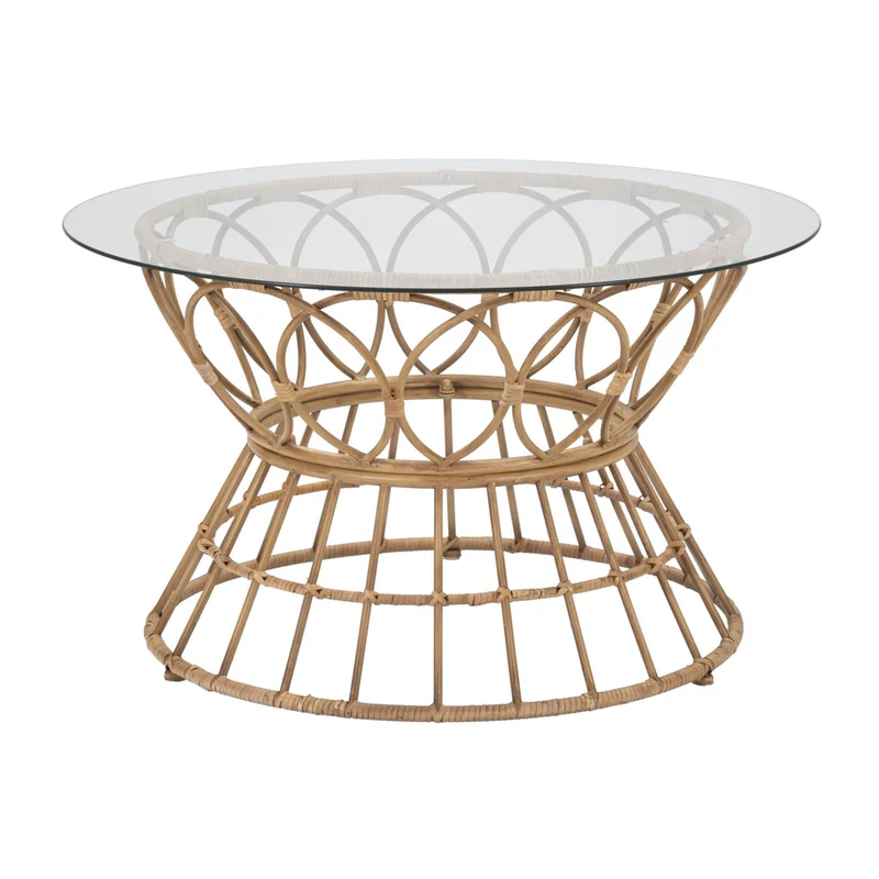 Tavolo da caffè "Panama" rotondo struttura in metallo, rattan e vetro per interni Ø 75 x 44 cm