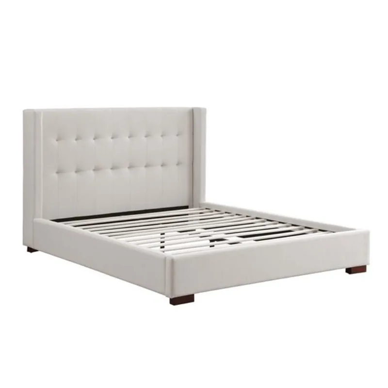 Brassex Camden Queen Upholstered Platform Bed with Button-Tufted Headboard - Beige