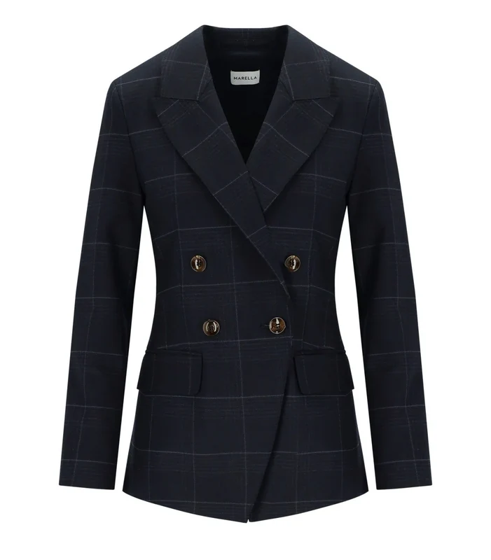 Marella Navy Blue Check Efedra Double Breasted Blazer 44