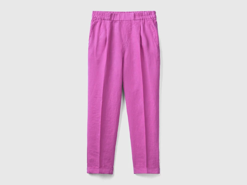 Pantaloni lunghi in puro lino con taglio cropped e gamba affusolata XL