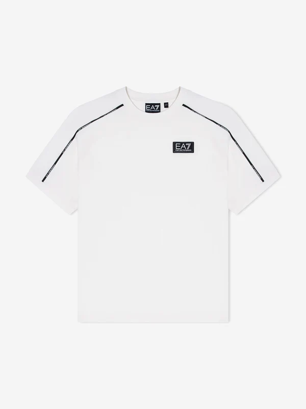 EA7 Emporio Armani Boys Train Logo Tape T-Shirt in Ivory Ivory / 14 Yrs