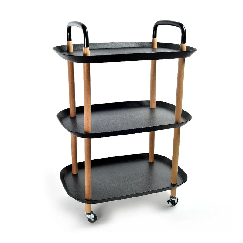 Carrello con 3 ripiani in plastica nero e struttura in legno per esterno, 57 x 36 x h 82 cm
