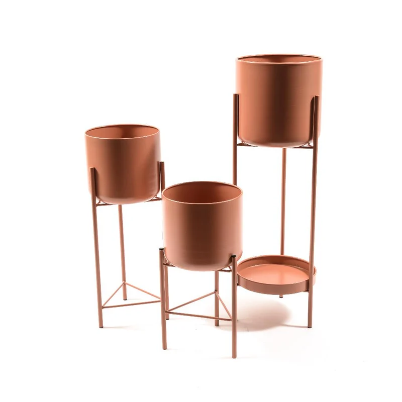 Porta vaso con alzatina, in metallo per uso esterno e interno, set da 3 pezzi Arancione