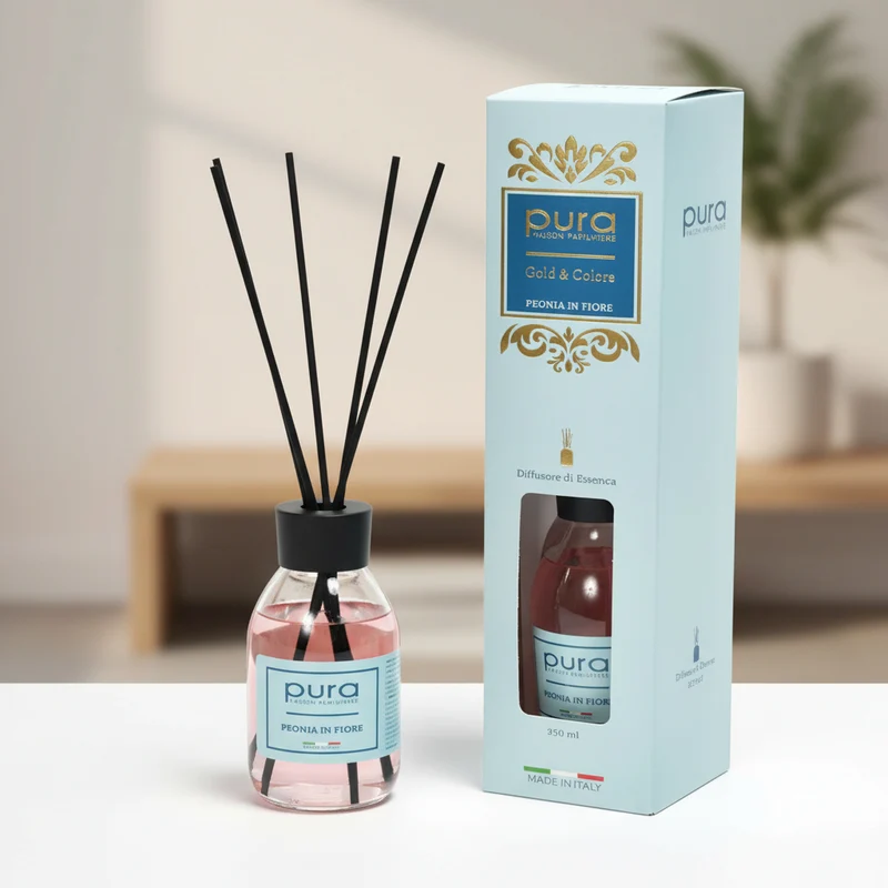 Diffusore di essenza "Linea gold" con bacchetti in cotone profumatore per ambienti da 250 ml Peonia