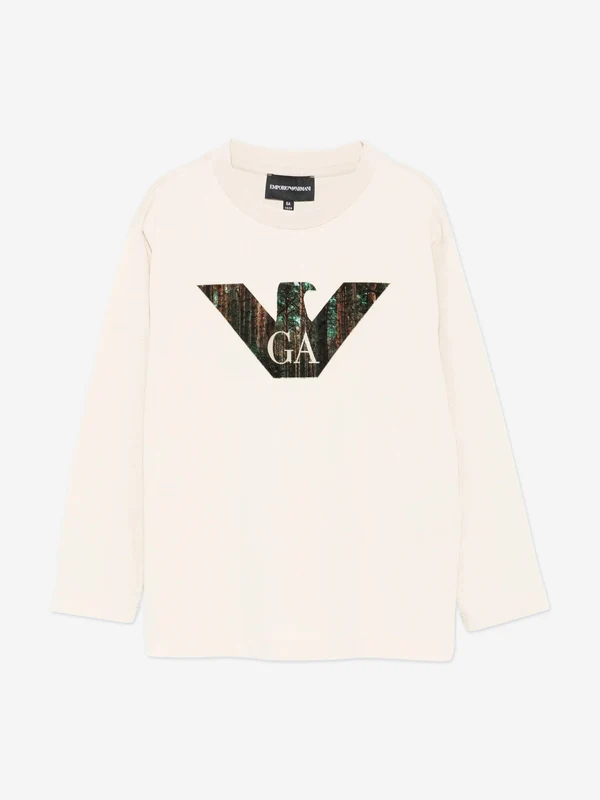 Emporio Armani Boys Long Sleeve Logo T-Shirt in Beige Beige / 14 Yrs
