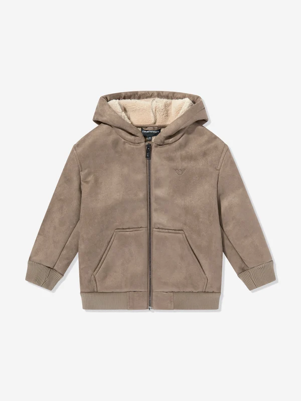 Emporio Armani Boys Fleece Lined Zip Up Jacket in Brown Brown / 8 Yrs