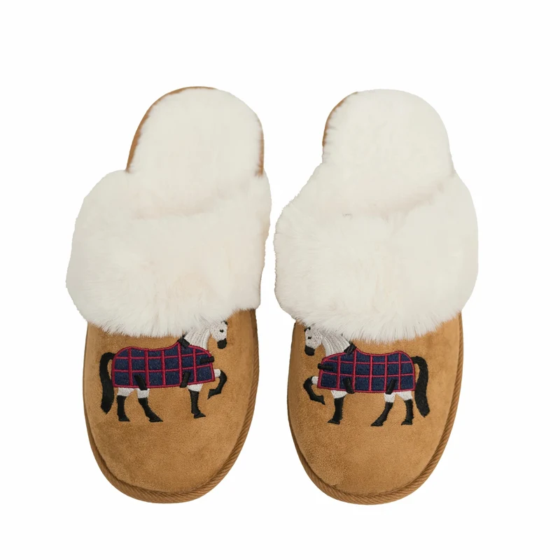 Grey Horse Faux Fur Suede Slippers Tan / Large/X-Large