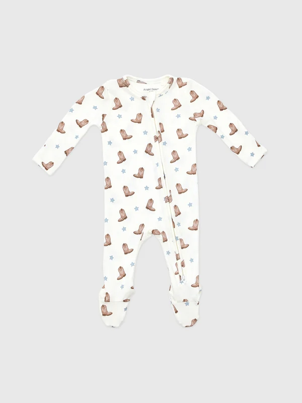 Angel Dear Baby Boys' Mini Cowboy Boots 2-Way Zipper Footie 0/3M / OFF WHITE