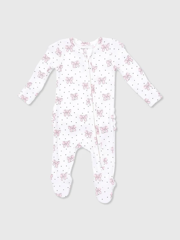 Angel Dear Baby Girls' Bows & Hearts 2-Way Zipper Ruffle Back Footie 6/9M / IVORY/PINK