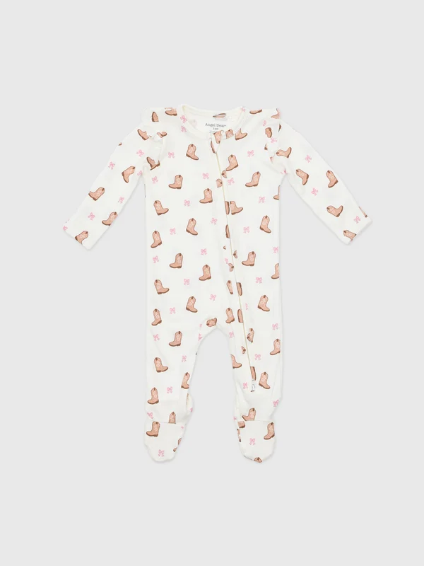 Angel Dear Baby Girls' Mini Cowgirl Boots 2-Way Zipper Ruffle Sleeve Footie NB / OFF WHITE