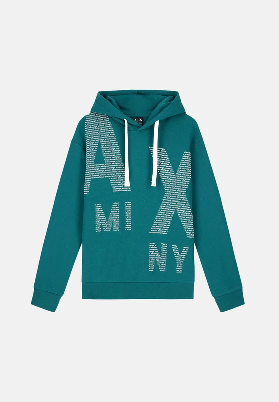 ARMANI EXCHANGE Felpa con cappuccio JUNE BUG verde per uomo con coulisse e maxi logo grafico sul petto. S
