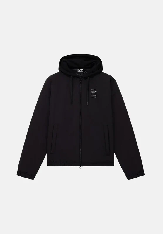 EA7 Giacca a vento nera per uomo con cappuccio e chiusura a zip. L