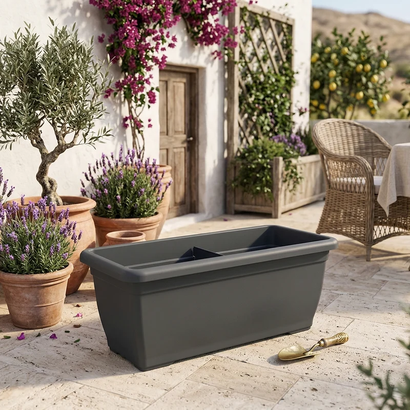 Vaso rettangolare ''Tikal''Antracite in plastica 100% riciclata per fiori e piante da giardino 52 cm