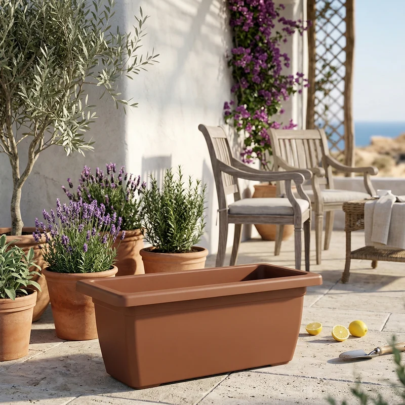 Vaso rettangolare ''Tikal'' Terracotta in plastica 100% riciclata per fiori e piante da giardino 62 cm