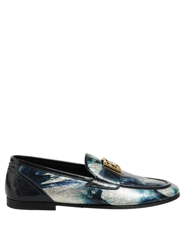 Dolce & Gabbana Metallic Blue Silver Leather DG Loafers Shoes EU42.5/US9.5