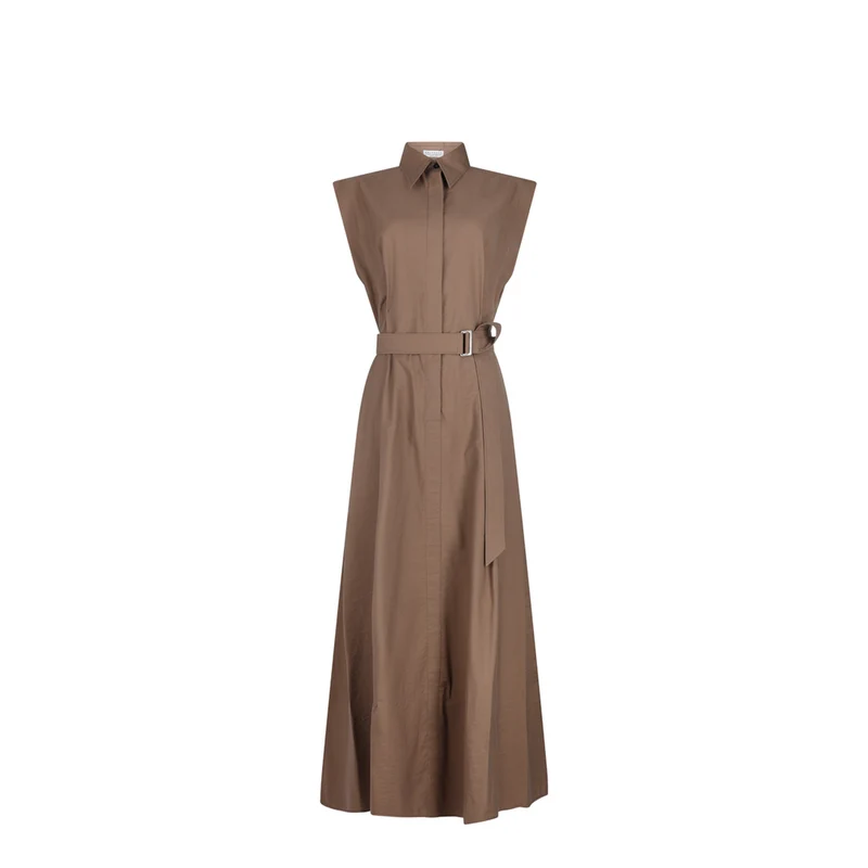 Long Sleeveless Cotton Dress with Belt at the Waist S