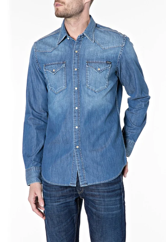 חולצת ג'ינס מכופתרת עם כיסים גברים BLUE / XXL