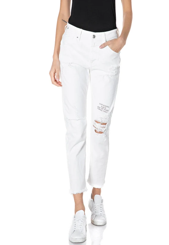 ג'ינס נשים בצבע לבן בגזרה ישרה עם קרעים WHITE / 25
