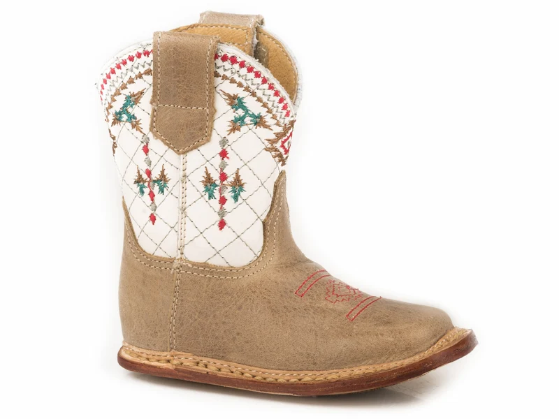 Roper Infant Cowbabies Embroidered Aztec Leather Boots Burnished Marbled Tan/Red/Green / 4
