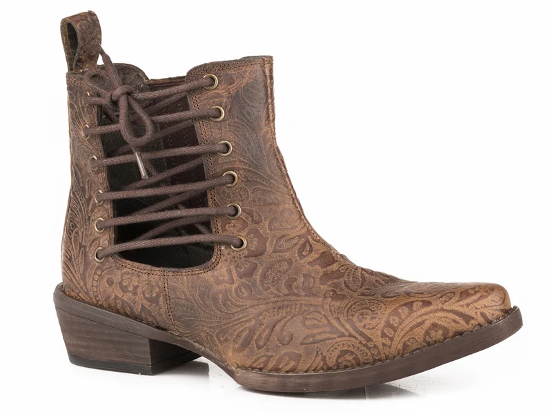 Roper Ladies Side Lace Design Snip Toe Boots Brown Floral / 10.5