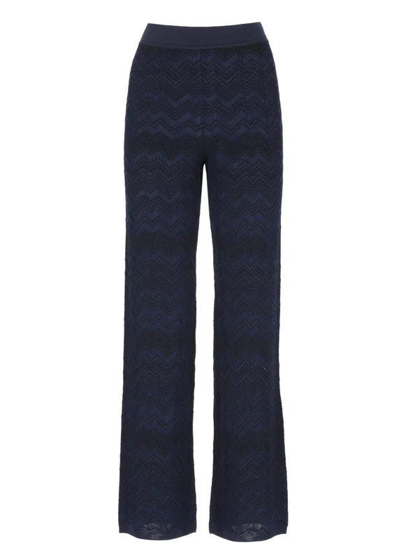 Missoni Blue Geometric Pattern Elastic Waist Viscose-Wool Straight-Leg Pants IT 42