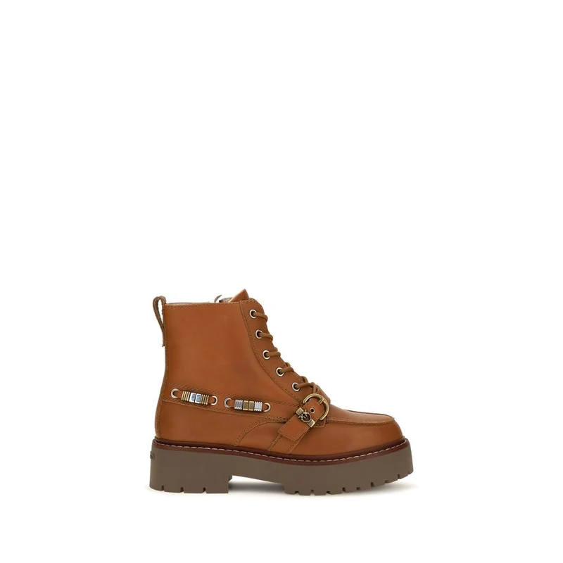 PINKO Brown Calf Leather Bos Taurus Lace-Up Boots EU38/US8