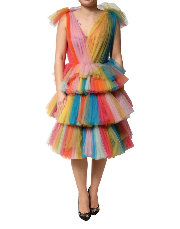 Dolce & Gabbana Multicolor Nylon Tiered Tulle Midi Dress IT40|S