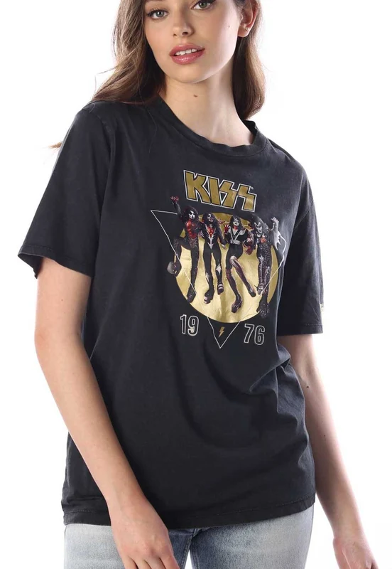 טי שירט קצרה עם הדפס להקת "Kiss" נשים BLACK / L