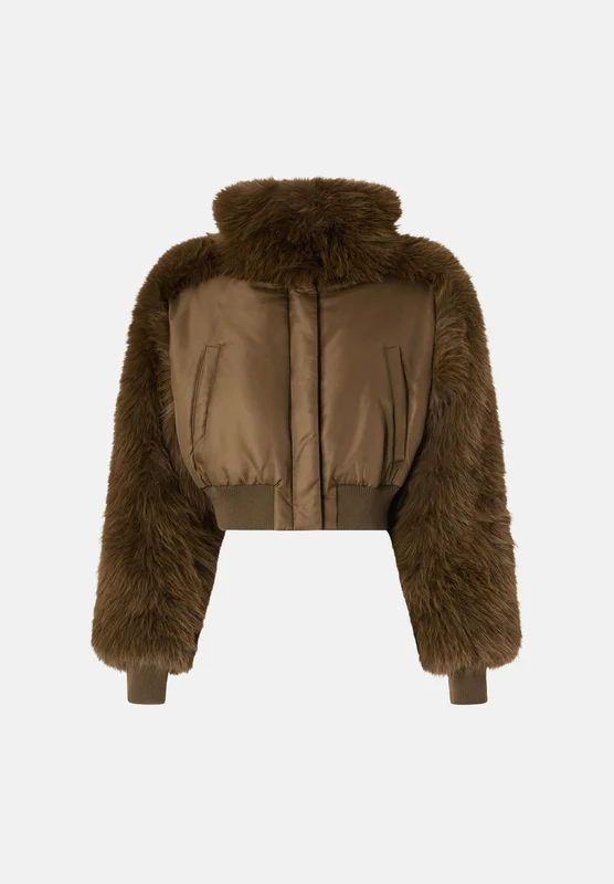 PINKO Giubbotto PRIMITIVO marrone per donna con inserti in ecopelliccia e colletto alto. XS