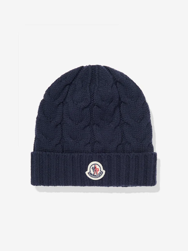 Moncler Enfant Boys Wool Knit Beanie Hat in Navy Navy / 4 - 6 Yrs