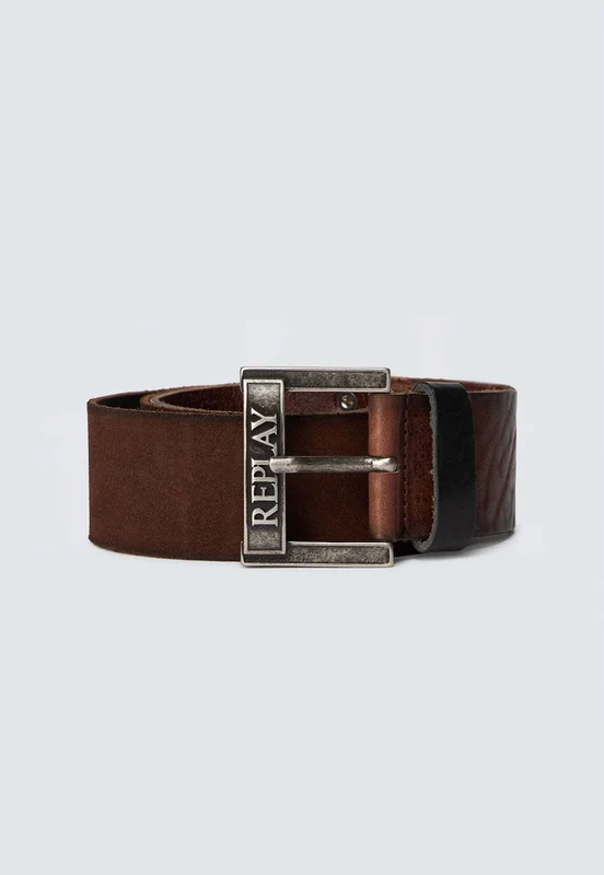 חגורת עור לגברים בצבע חום עם אבזם מתכתי ולוגו BROWN / 95
